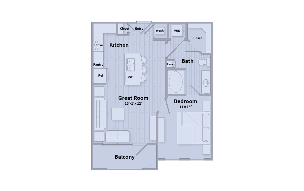 A1A - 1 bedroom floorplan layout with 1 bath and 670 square feet.