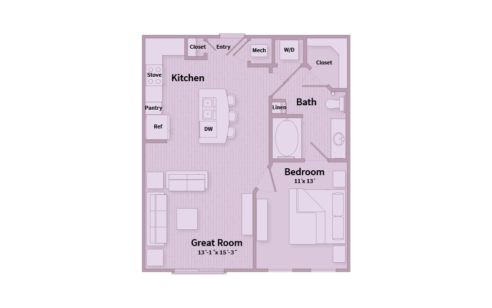 A1C - 1 bedroom floorplan layout with 1 bath and 713 square feet.
