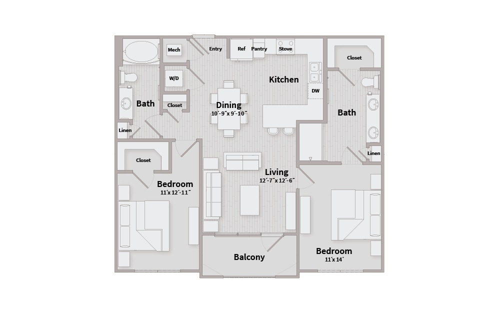 B2A - 2 bedroom floorplan layout with 2 baths and 1061 square feet.