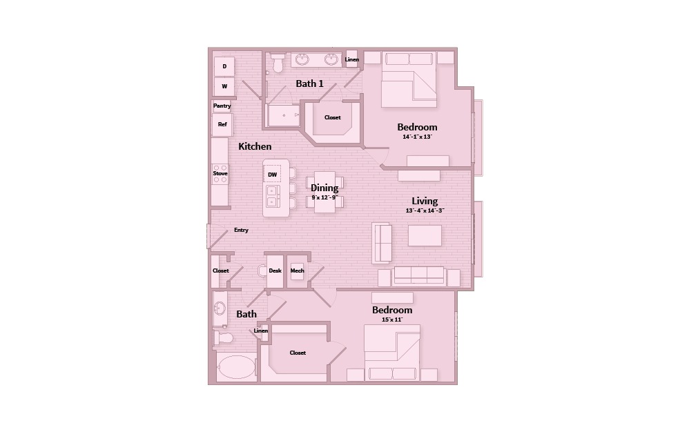 B2E - 2 bedroom floorplan layout with 2 baths and 1267 square feet.