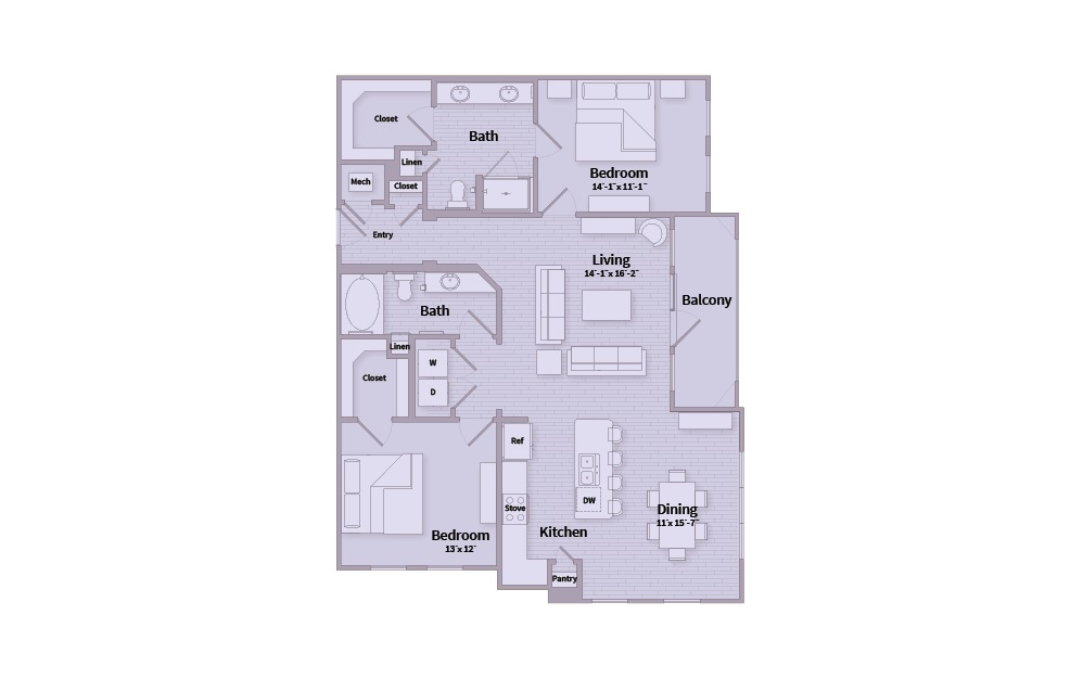 B2F - 2 bedroom floorplan layout with 2 baths and 1306 square feet.
