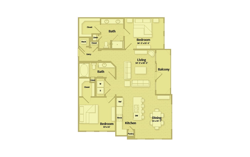B2G - 2 bedroom floorplan layout with 2 baths and 1312 square feet.