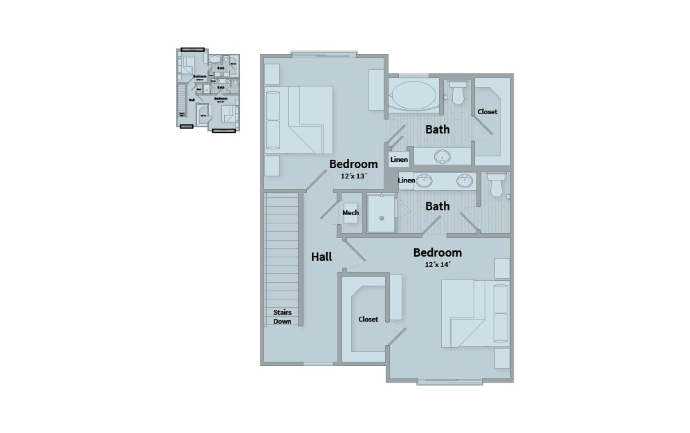 B3A - 2 bedroom floorplan layout with 2.5 baths and 1461 square feet. (Floor 3)