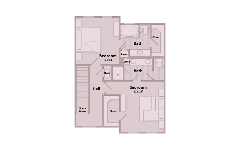 B3B - 2 bedroom floorplan layout with 2.5 baths and 1506 square feet. (Floor 3)