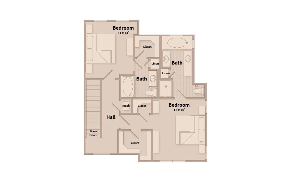B3D - 2 bedroom floorplan layout with 2.5 baths and 1597 square feet. (Floor 3)